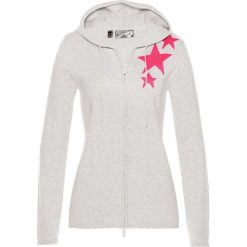 Sweter rozpinany bonprix jasnoszary melanż - różowy hibiskus. Szare swetry damskie bonprix, bez wzorów, z żakardem, bez rękawów, z kapturem. Za 109,99 zł.