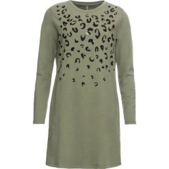 Sukienka dresowa w cętki leoparda bonprix oliwkowy wzorzysty. Zielone sukienki damskie bonprix, z nadrukiem, z dresówki, bez kołnierzyka, bez rękawów. Za 74,99 zł.