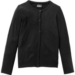 Sweter rozpinany bonprix czarny. Czarne swetry dziewczęce marki bonprix, bez wzorów, z dzianiny, bez kołnierzyka, bez rękawów, bez kaptura. Za 29,99 zł.