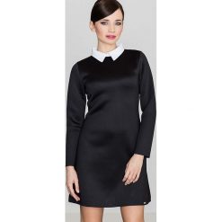 Czarna Elegancka Trapezowa Sukienka z Białym Koszulowym Kołnierzykiem. Czarne sukienki damskie marki Molly.pl, na co dzień, s, bez wzorów, z dzianiny, eleganckie, z koszulowym kołnierzykiem, z długim rękawem, długie, trapezowe. Za 149,90 zł.