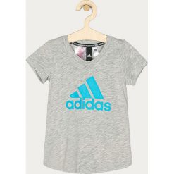 Adidas Performance - T-shirt dziecięcy 110-170 cm. Szare bluzki dziewczęce adidas Performance, z nadrukiem, z bawełny, z okrągłym kołnierzem, z krótkim rękawem, krótkie, bez kaptura. Za 69,90 zł.