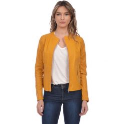 Skórzana kurtka w kolorze ciemnożółtym. Żółte kurtki damskie Kurtki skórzane, l, bez wzorów, klasyczne. W wyprzedaży za 599,95 zł.