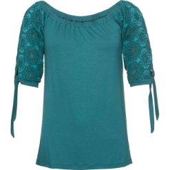 Shirt z rękawami koronkowymi bonprix niebieskozielony. Niebieskie koszulki damskie bonprix, bez wzorów, z koronki, bez kołnierzyka, bez rękawów. Za 74,99 zł.