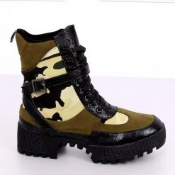 Zielone Botki miltarne moro GLV003 Olive. Zielone botki damskie ButyModne, z tkaniny, militarne, na wysokim obcasie, na obcasie, na sznurówki. W wyprzedaży za 219,00 zł.