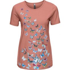 T-shirt z nadrukiem motyli bonprix koniakowy z nadrukiem. Pomarańczowe t-shirty damskie bonprix, z nadrukiem, bez kołnierzyka. Za 34,99 zł.