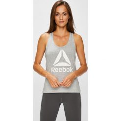 Reebok - Top. Szare topy damskie marki Reebok, s, z nadrukiem, z poliesteru, z okrągłym kołnierzem. W wyprzedaży za 69,90 zł.