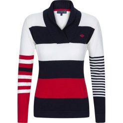 Sweter "Under Par" w kolorze czerwono-granatowo-białym. Czerwone swetry damskie Sir Raymond Taylor, xs, w paski, z bawełny, bez rękawów, bez kaptura. W wyprzedaży za 129,95 zł.