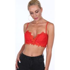 Top krótki koronkowy czerwony ZZ306. Czerwone bluzki damskie Fasardi, m, bez wzorów, z koronki, bez kołnierzyka. Za 29,00 zł.