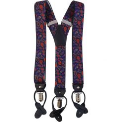 Granatowo-czerwone szelki we wzór paisley na żabki i na guziki G60. Czerwone szelki męskie Modini Moda Męska. W wyprzedaży za 99,00 zł.