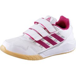Buty sportowe w kolorze biało-różowym. Różowe trampki dziewczęce Dziecięce obuwie sportowe, bez wzorów, bez zapięcia. W wyprzedaży za 85,95 zł.