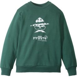 Bluza dresowa bonprix ciemnozielony z nadrukiem. Zielone bluzy męskie z nadrukiem marki bonprix, m, z dresówki, z długim rękawem, długie. Za 37,99 zł.