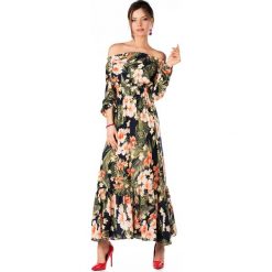 Długa Zwiewna Sukienka w Kwiaty Hiszpańskim Dekoltem. Brązowe sukienki damskie Molly.pl, na randkę, xl, w kwiaty, z tkaniny, boho, z falbankami, z długim rękawem, długie, maxi. Za 109,90 zł.