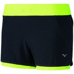 Mizuno Spodenki Damskie Do Biegania Mujin 4.5 2In1 Short Black/Safety Yellow S. Żółte spodenki sportowe damskie marki Mizuno, s, bez wzorów, sportowe, do biegania. W wyprzedaży za 149,00 zł.