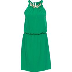 Sukienka z aplikacją bonprix zielony. Zielone sukienki damskie bonprix, z aplikacjami, eleganckie, bez kołnierzyka, bez rękawów. Za 129,99 zł.