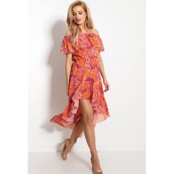 Sukienka szyfonowa koktajlowa z falbanami - multiflower, s. Sukienki damskie e-margeritka.pl, s, bez wzorów, z szyfonu, eleganckie, z krótkim rękawem, krótkie, bez kaptura. Za 229,99 zł.