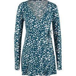 Shirt kopertowy z wiązanym paskiem, długi rękaw bonprix niebieskozielony morski wzorzysty. Zielone koszulki damskie marki bonprix, bez wzorów, bez kołnierzyka, z długim rękawem. Za 89,99 zł.