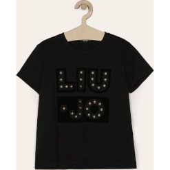Liu Jo - T-shirt dziecięcy 128-170 cm. Czarne bluzki dziewczęce Liu Jo, z nadrukiem, z elastanu, z okrągłym kołnierzem, z krótkim rękawem, krótkie, bez kaptura. W wyprzedaży za 179,90 zł.