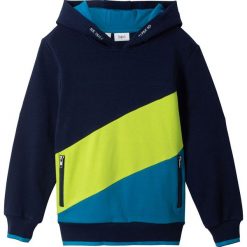 Bluza z kapturem "colour-blocking" bonprix ciemnoniebiesko-ciemnoturkusowo-zieleń łąki. Niebieskie bluzy chłopięce bonprix, bez wzorów, bez rękawów, z kapturem. Za 74,99 zł.