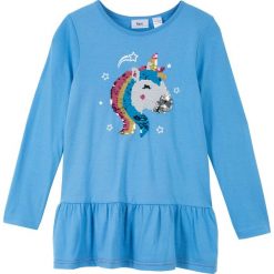 Shirt z długim rękawem i motywem jednorożca z obracanych cekinów bonprix niebieski. Niebieskie bluzki dziewczęce bonprix, z aplikacjami, z okrągłym kołnierzem, z długim rękawem, długie, bez kaptura. Za 37,99 zł.