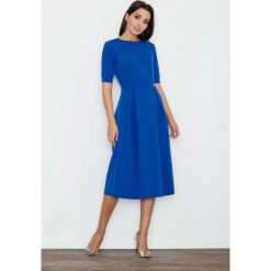Niebieska Sukienka Elegancka Wizytowa Midi. Niebieskie sukienki balowe Molly.pl, do pracy, l, z tkaniny, z okrągłym kołnierzem, z krótkim rękawem, midi, dopasowane. Za 145,90 zł.