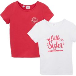T-shirt dziewczęcy (2 szt.) bonprix biało-różowy hibiskus. Białe bluzki dziewczęce bonprix, z nadrukiem, z bawełny, bez kołnierzyka, bez rękawów, bez kaptura. Za 39,98 zł.