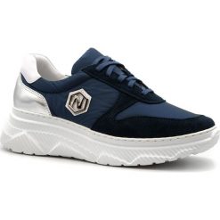 Sportowe granatowe sneakersy typu chunky 256A. Niebieskie buty sportowe damskie Neścior, z jeansu. W wyprzedaży za 249,00 zł.
