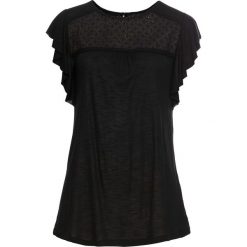 Shirt z koronką bonprix czarny. Czarne koszulki damskie bonprix, w koronkowe wzory, z materiału, bez kołnierzyka. Za 74,99 zł.