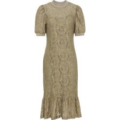 Sukienka midi bonprix khaki. Szare sukienki damskie bonprix, w koronkowe wzory, z koronki, bez kołnierzyka, bez rękawów, midi. Za 64,99 zł.