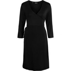 Sukienka shirtowa ciążowa i do karmienia piersią, kopertowa bonprix czarny. Czarne sukienki na komunię marki bonprix, w paski, z kopertowym dekoltem, moda ciążowa, dopasowane. Za 109,99 zł.