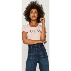 Guess Jeans - T-shirt. Żółte bluzki damskie Guess Jeans, s, z aplikacjami, z elastanu, casualowe, z okrągłym kołnierzem. Za 169,90 zł.