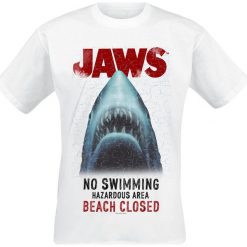 Der weisse Hai Beach Closed T-Shirt biały. Białe koszulki męskie Der weisse Hai, l, z nadrukiem, z okrągłym kołnierzem. Za 74,90 zł.