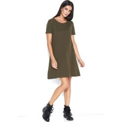 Khaki Trapezowa Sukienka Dzianinowa z Krótkim Rękawem. Brązowe sukienki damskie Molly.pl, na spotkanie biznesowe, s, z aplikacjami, z dzianiny, bez kołnierzyka, z krótkim rękawem, krótkie, mini, trapezowe. Za 118,90 zł.