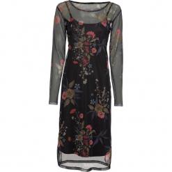 Sukienka z siatkowego materiału, na podszewce bonprix czarny w kwiaty. Czarne sukienki damskie bonprix, z aplikacjami, eleganckie, z okrągłym kołnierzem, bez rękawów. Za 79,99 zł.