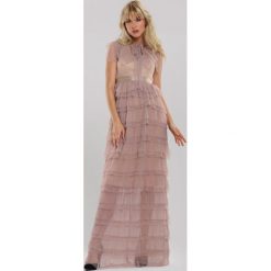 Ciemnobeżowa Sukienka Melina. Brązowe sukienki damskie other, na wesele, s, w paski, z tiulu, eleganckie, z okrągłym kołnierzem, bez rękawów, maxi. Za 189,99 zł.