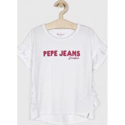 Pepe Jeans - Top dziecięcy Alina 128-180 cm. Białe bluzki dziewczęce z nadrukiem, z bawełny, z okrągłym kołnierzem, krótkie. W wyprzedaży za 79,90 zł.