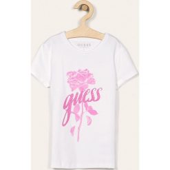 Guess Jeans - T-shirt dziecięcy 118-175 cm. Białe bluzki dziewczęce Guess Jeans, z aplikacjami, z elastanu, z okrągłym kołnierzem, z krótkim rękawem, krótkie, bez kaptura. Za 99,90 zł.