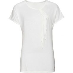 Shirt z dżerseju z kokardką bonprix biel wełny. Białe koszulki damskie marki bonprix, bez wzorów, z wełny, bez kołnierzyka, bez rękawów. Za 49,99 zł.