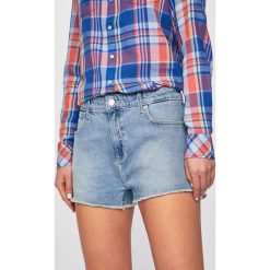 Wrangler - Szorty. Niebieskie szorty damskie Wrangler, s, bez wzorów, z elastanu, casualowe, z podwyższonym stanem. W wyprzedaży za 99,90 zł.