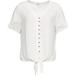 Bluzka z przewiązaniem bonprix biel wełny. Białe bluzki damskie bonprix, bez wzorów, z wełny, z dekoltem w serek, bez rękawów. Za 74,99 zł.