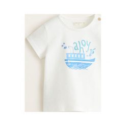 Mango Kids - Top dziecięcy Ahoy 62-80 cm. Białe bluzki dziewczęce Mango Kids, z nadrukiem, z bawełny, z okrągłym kołnierzem, z krótkim rękawem, krótkie, bez kaptura. Za 35,90 zł.