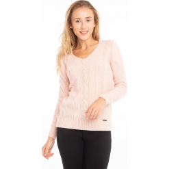 Sweter w kolorze jasnoróżowym. Czerwone swetry klasyczne damskie Jimmy Sanders, l, z okrągłym kołnierzem. W wyprzedaży za 99,95 zł.