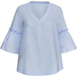 Bluzka z falbankami bonprix jasnoniebieski. Niebieskie koszulki damskie bonprix, bez wzorów, z dekoltem w serek, bez rękawów. Za 59,99 zł.
