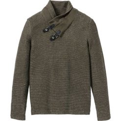 Sweter z szalowym kołnierzem bonprix ciemnooliwkowo-biały melanż. Zielone swetry męskie bonprix, s, bez wzorów, bez kołnierzyka, bez kaptura. Za 109,99 zł.