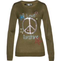 Swetry damskie: Sweter z cekinami bonprix zielony khaki z kolorowym nadrukiem