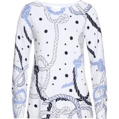 Sweter bonprix biały z nadrukiem. Białe swetry damskie bonprix, z nadrukiem, bez rękawów, bez kaptura. Za 109,99 zł.