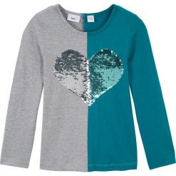 Shirt z długim rękawem i obracanymi cekinami bonprix morski turkusowy - jasnoszary melanż - srebrny. Niebieskie bluzki dziewczęce bonprix, z aplikacjami, bez kołnierzyka, z długim rękawem, długie, bez kaptura. Za 44,99 zł.