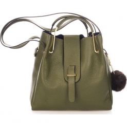 Skórzana torebka w kolorze ciemnozielonym - 38 x 32 x 13 cm. Zielone torebki klasyczne damskie Mia Tomazzi, z materiału. W wyprzedaży za 363,95 zł.