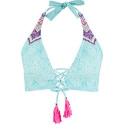 Biustonosz bikini z trójkątnymi miseczkami bonprix turkusowo-biały z nadrukiem. Zielone stroje kąpielowe damskie marki bonprix, z nadrukiem. Za 79,99 zł.