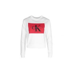Bluzy Calvin Klein Jeans J20J206975 / Hebe True Icon. Białe bluzy damskie Calvin Klein Jeans, bez wzorów, z jeansu, bez rękawów, bez kaptura. Za 299,00 zł.