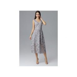 Sukienka M639zary. Szare sukienki damskie FIGL, xl, w koronkowe wzory, z koronki, eleganckie, bez kołnierzyka, bez rękawów, dopasowane. Za 289,00 zł.